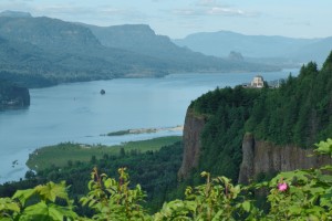 The Columbia River Gorge and Vista House from a scenic overlook.