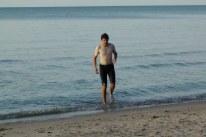 Joe in Lake Erie.  Dig the biker's tan.