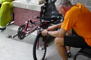 Making the brake cable repair.