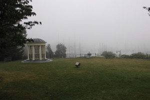 The foggy harbor in Camden.